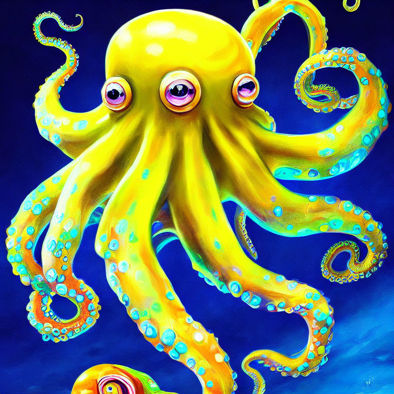 Colorful Yellow Octopus Illustration with Blue-Ringed Tentacles