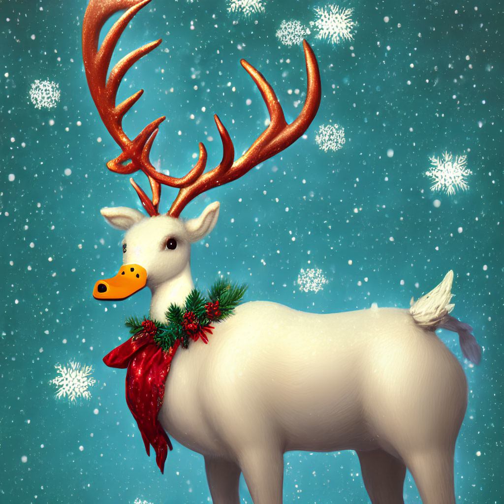 Majestic reindeer with glowing antlers in falling snowflakes