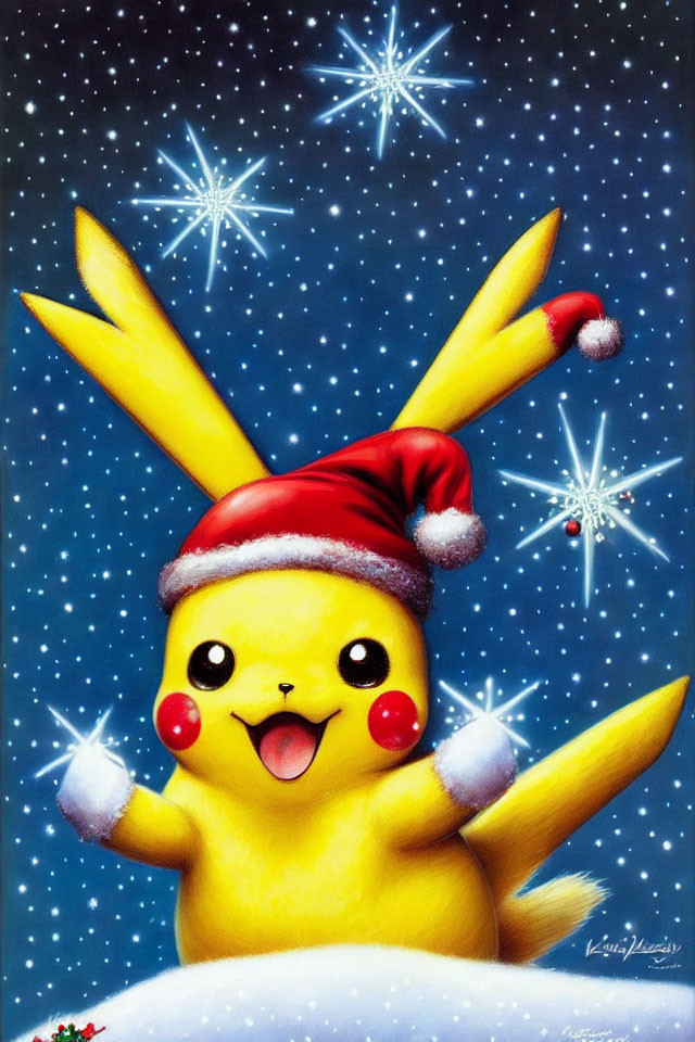 Pikachu in Santa Hat with Starry Night Sky Illustration