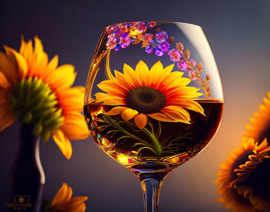 Colorful Sunflower and Wildflowers in Wine Glass on Gradient Background