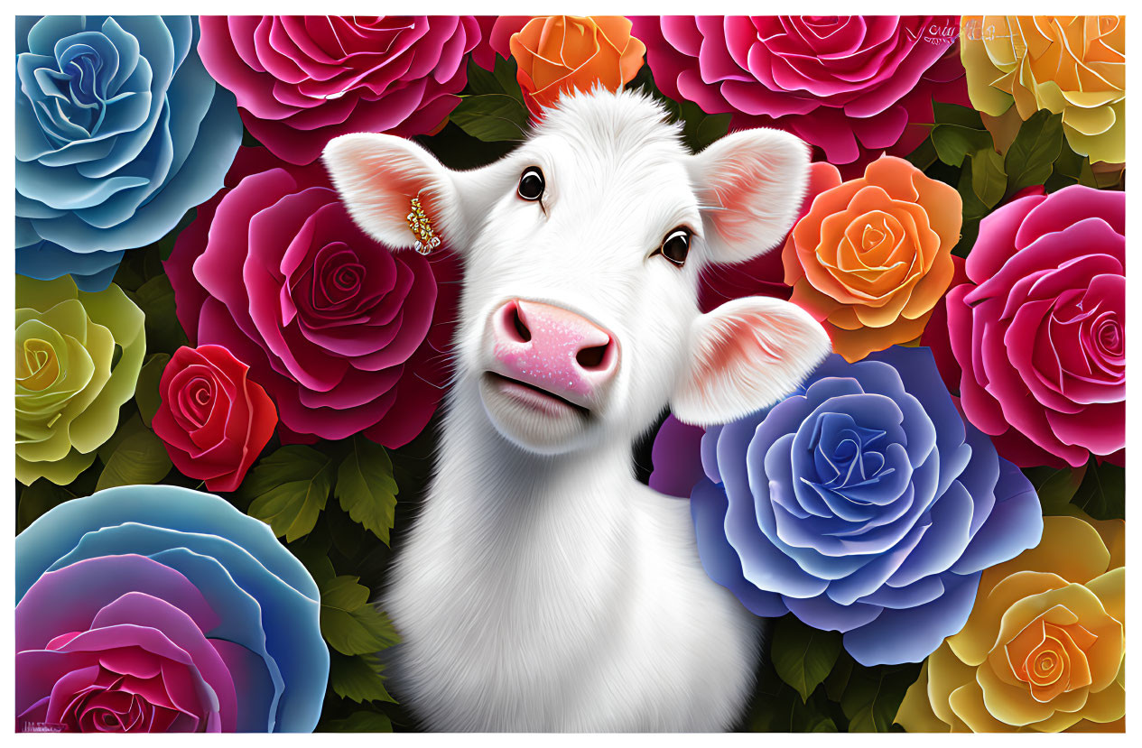 Colorful illustration: White calf with expressive eyes among stylized blue, pink, and orange roses