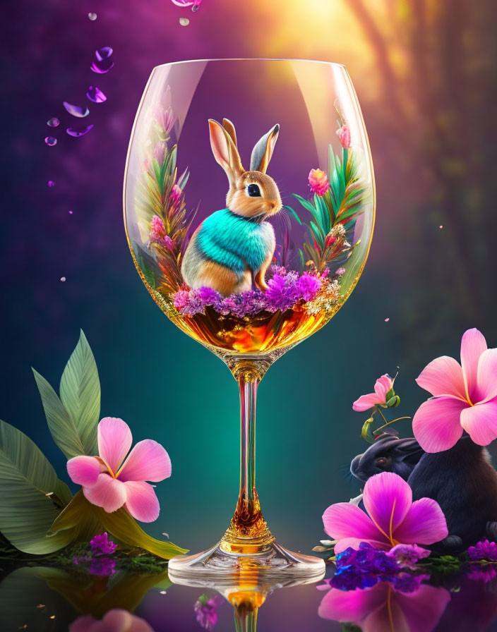 Whimsical rabbit in wine glass with vibrant flowers under mystical lighting