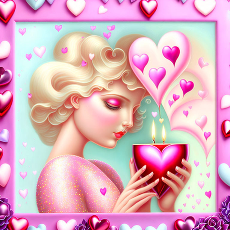 Blonde woman holding heart-shaped candle with roses and hearts illustration