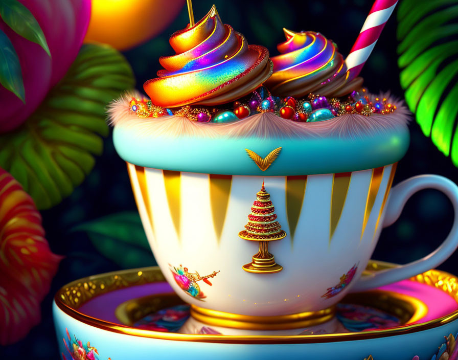 Vibrant decorative cup with swirling dessert sculpture and colorful flowers