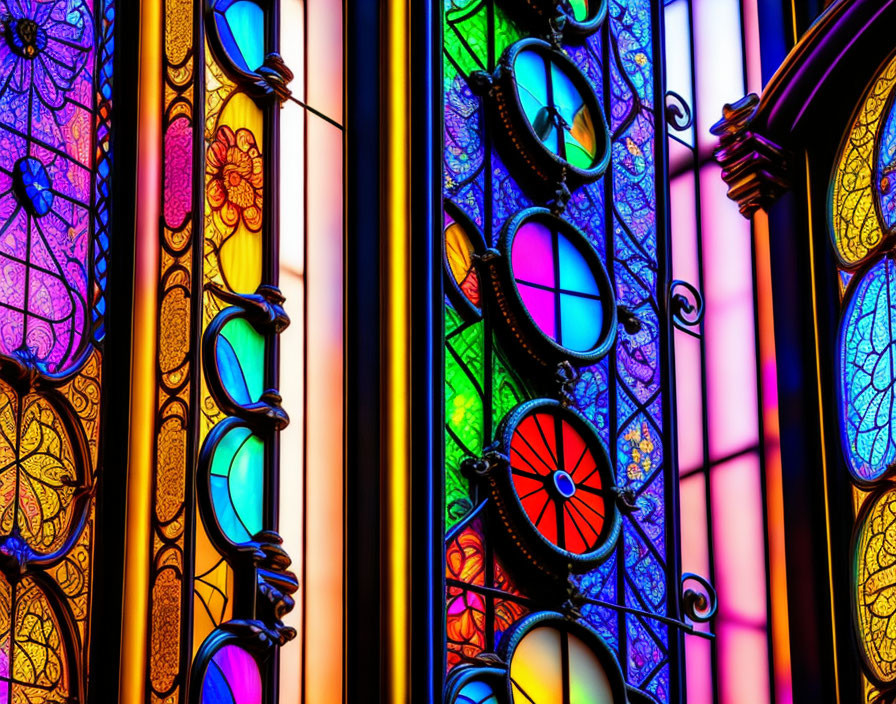 Colorful circular stained glass window designs on bright backdrop