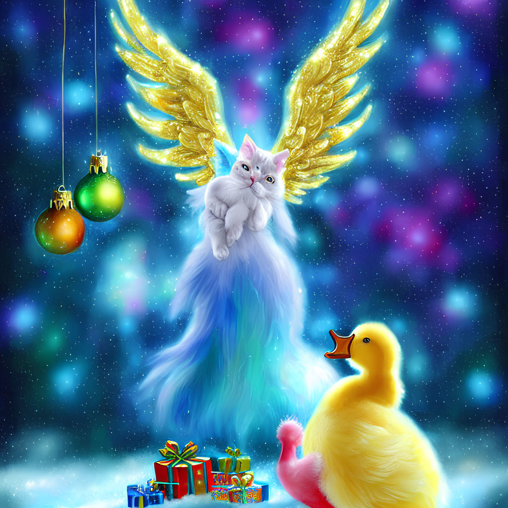 Colorful winged white cat with cosmic background and rubber duck in whimsical image