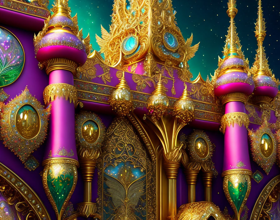 Colorful Palace with Purple and Gold Embellishments and Shimmering Mosaic Designs