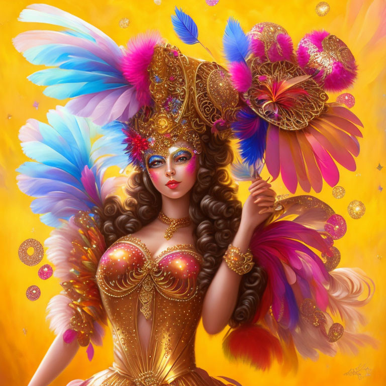 Colorful Woman in Carnival Costume with Feathered Headdress and Golden Mask