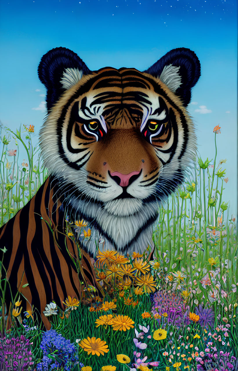 Tiger's Head in Vibrant Wildflower Field and Blue Sky