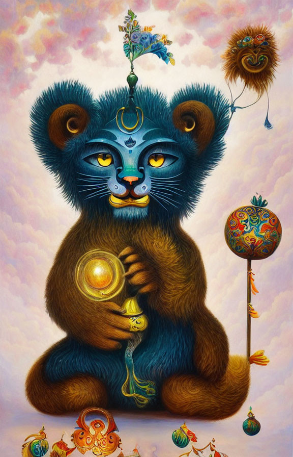 Blue-faced creature with golden orb in surreal artwork