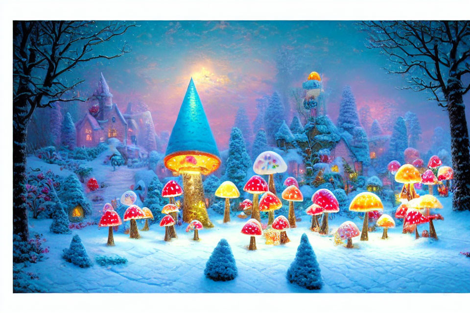 Enchanted winter village with mushroom houses and glowing light