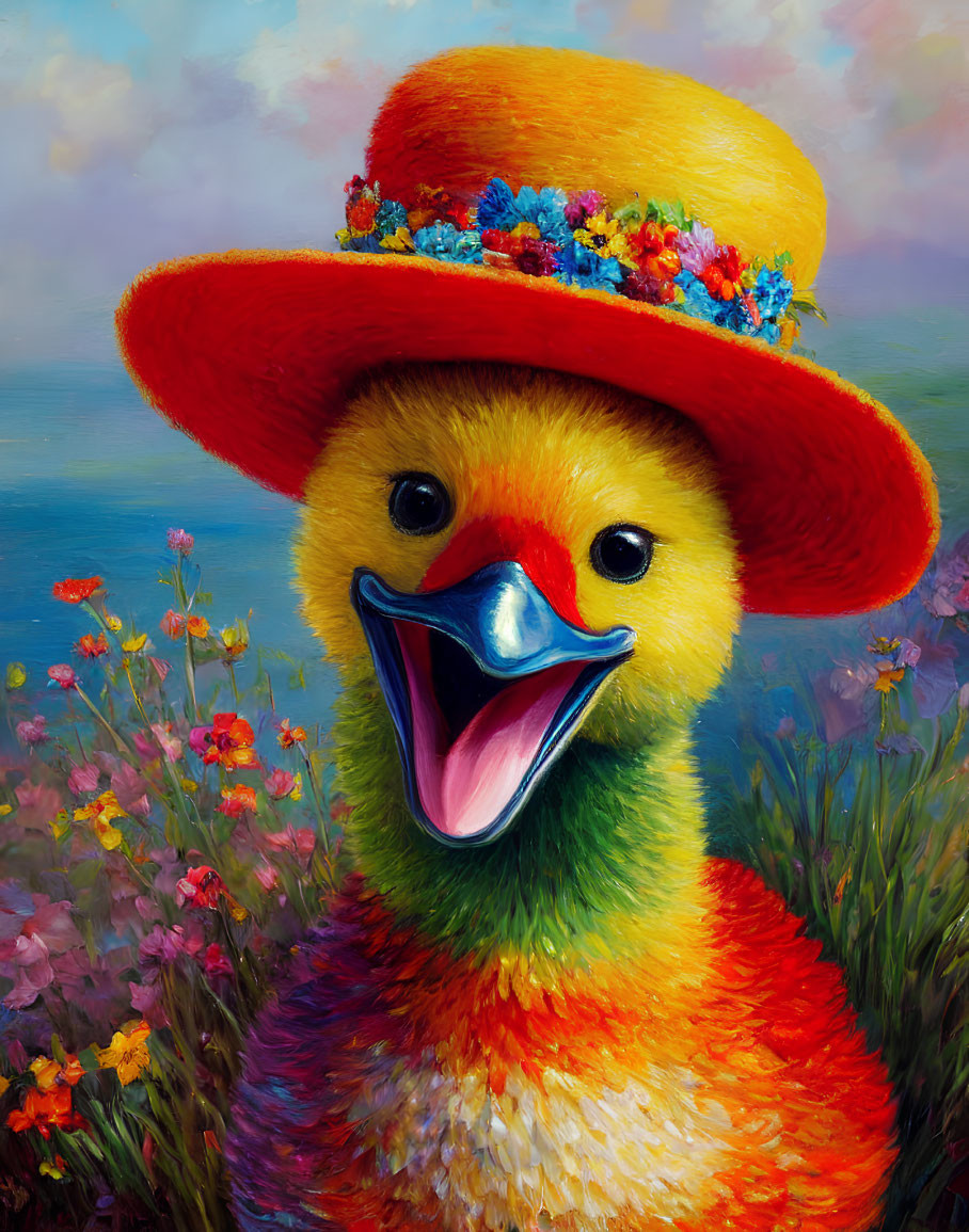 Colorful Duck with Yellow Flower Hat in Flower Field and Blue Skies