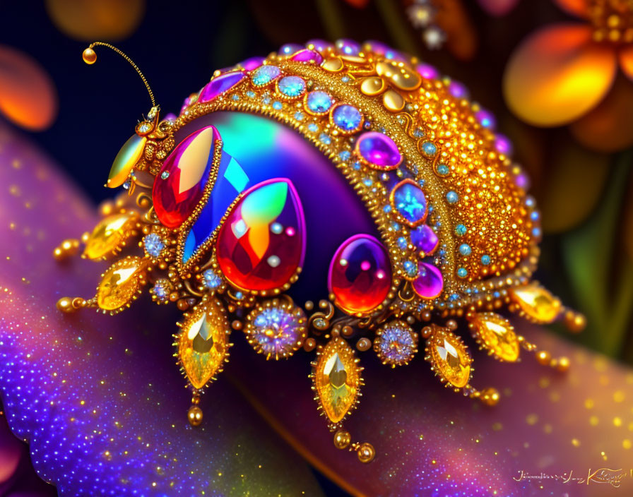 Colorful Jewel-Encrusted Beetle on Leaf with Fantasy Aesthetic