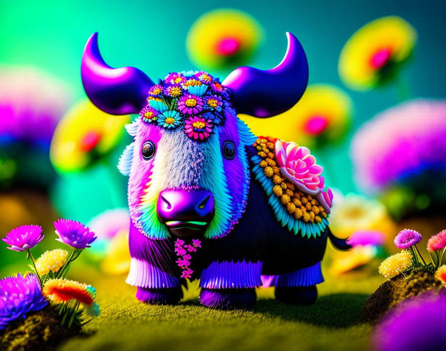 Colorful buffalo with floral adornments on psychedelic background