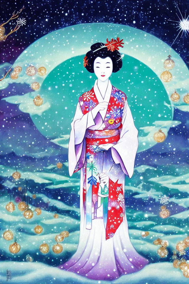 Japanese Geisha in Kimono with Moonlit Sky and Golden Ornaments