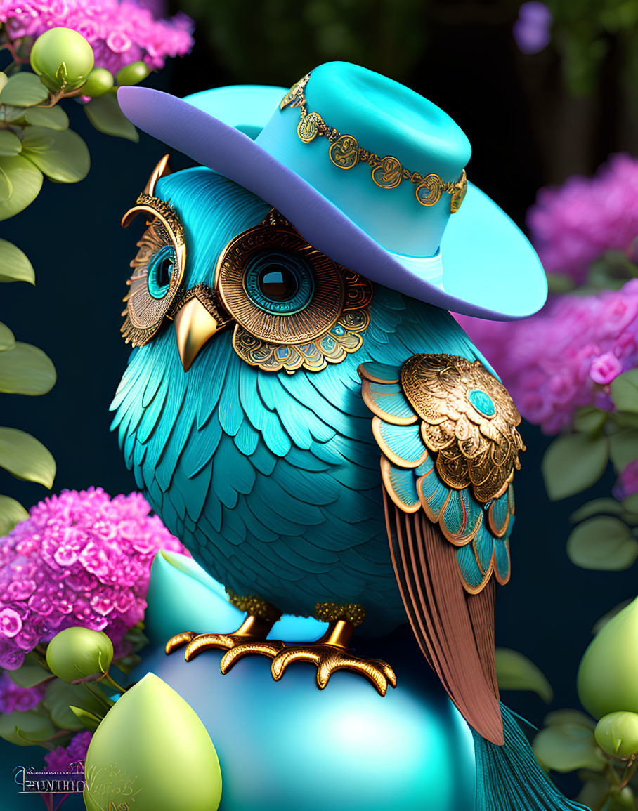 Colorful Stylized Owl with Teal and Gold Cowboy Hat and Floral Background