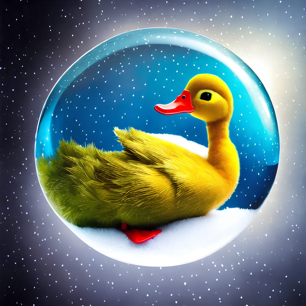 Yellow cartoon duck in snow globe under starry sky