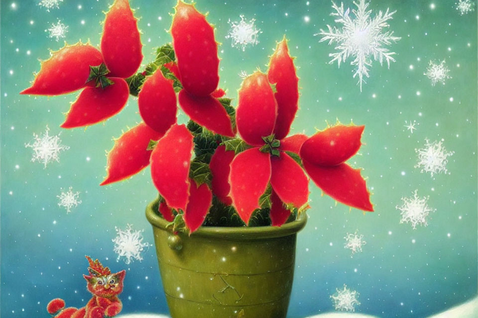 Red Christmas Cactus Blooms in Green Pot with Cat and Snowflakes