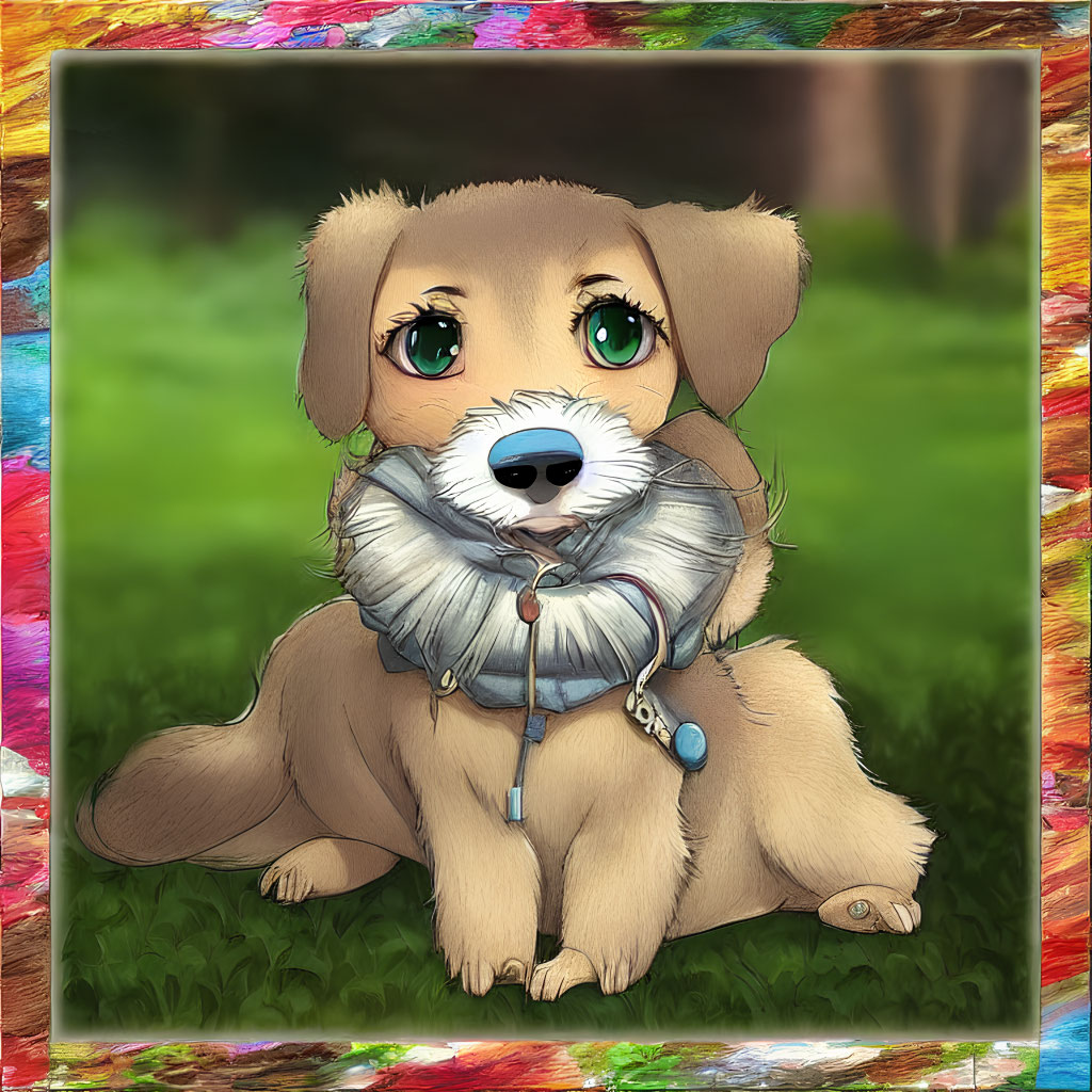 Cartoon puppy illustration in fluffy grey jacket with green eyes