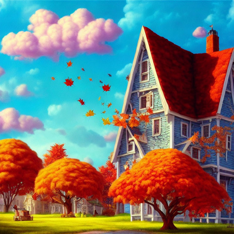 Vibrant autumnal house illustration with red roof and orange trees