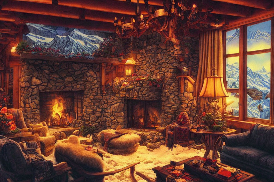 Rustic mountain cabin interior with fireplace, comfy furniture, and snowy landscape view