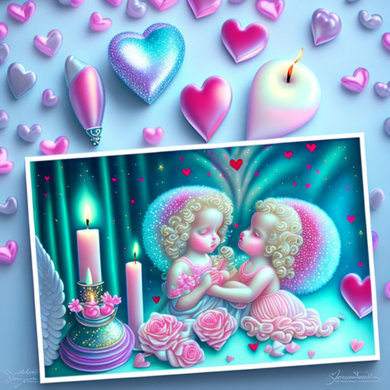 Cherubs Illustration with Hearts, Candles, Balloons & Roses