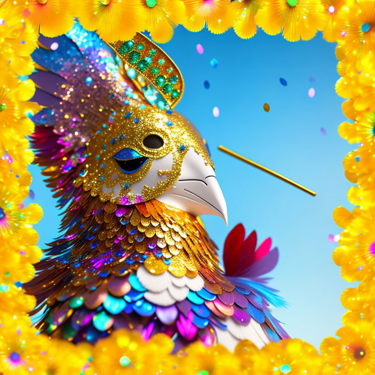 Colorful Stylized Bird Illustration with Mask, Crown, and Flowers