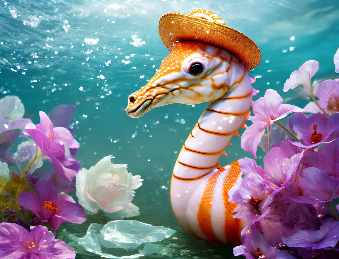 Whimsical giraffe-fish hybrid in water with flowers