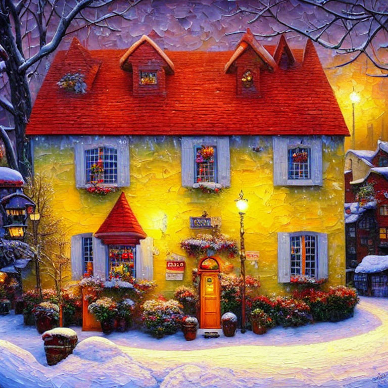 Yellow Two-Story House with Christmas Decorations and Snow at Twilight