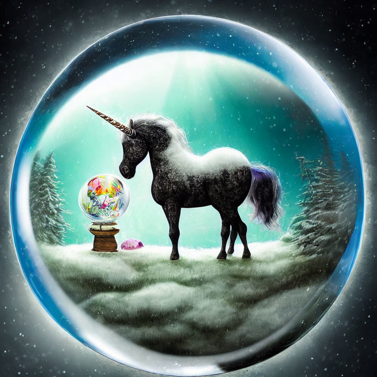 Black unicorn with twisted horn in snow globe under starry sky