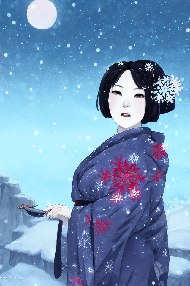 Woman in Blue Kimono with Red Snowflake Patterns in Snowy Landscape