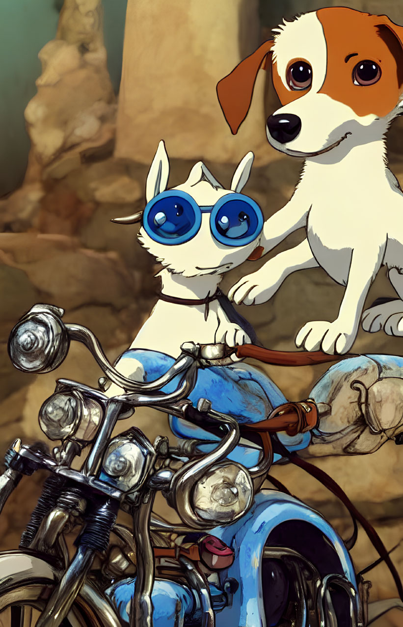 Animated dog and creature with blue glasses on vintage motorcycle in rocky terrain