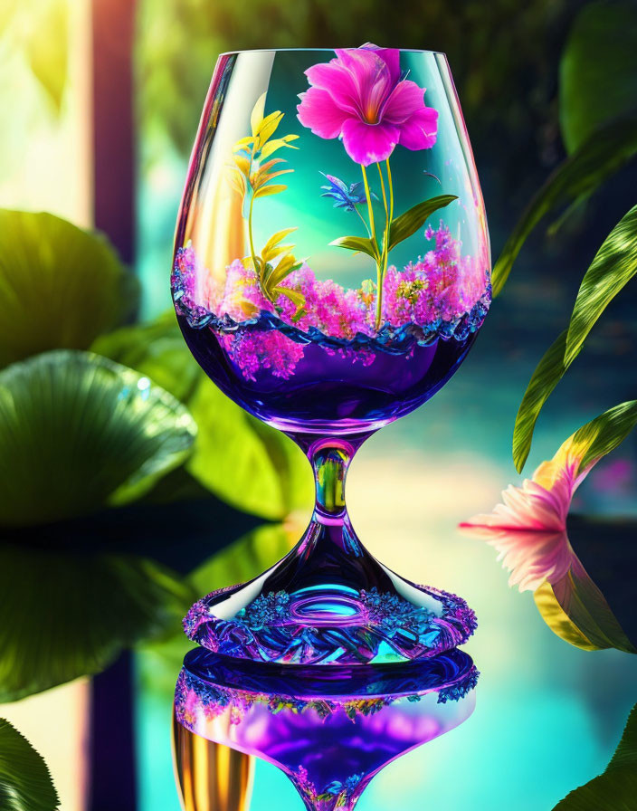 Colorful Floral Arrangement in Wine Glass with Greenery Reflections