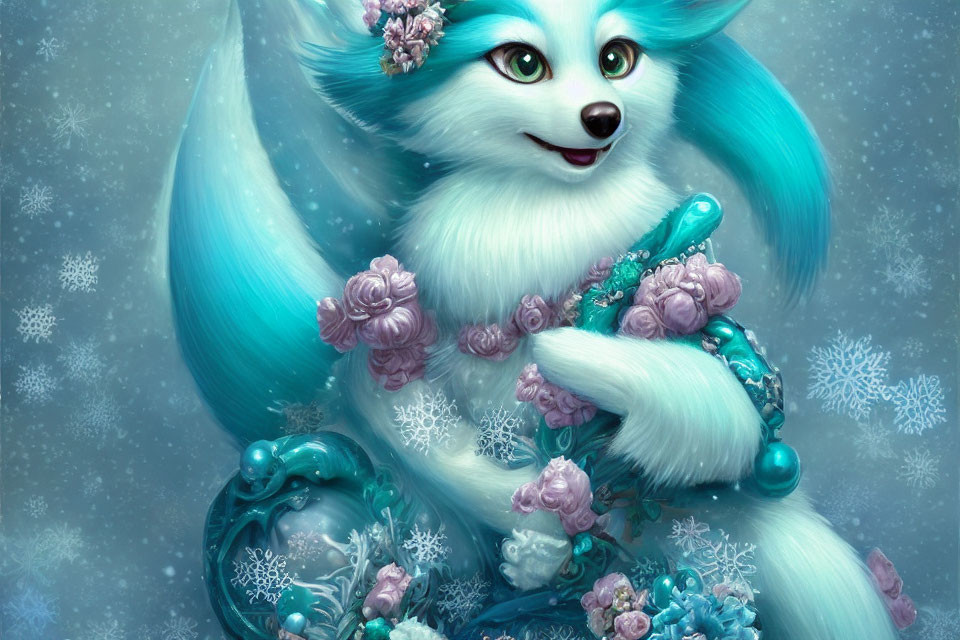 Blue and white fox creature with floral and snowflake details holding a frosty ornament