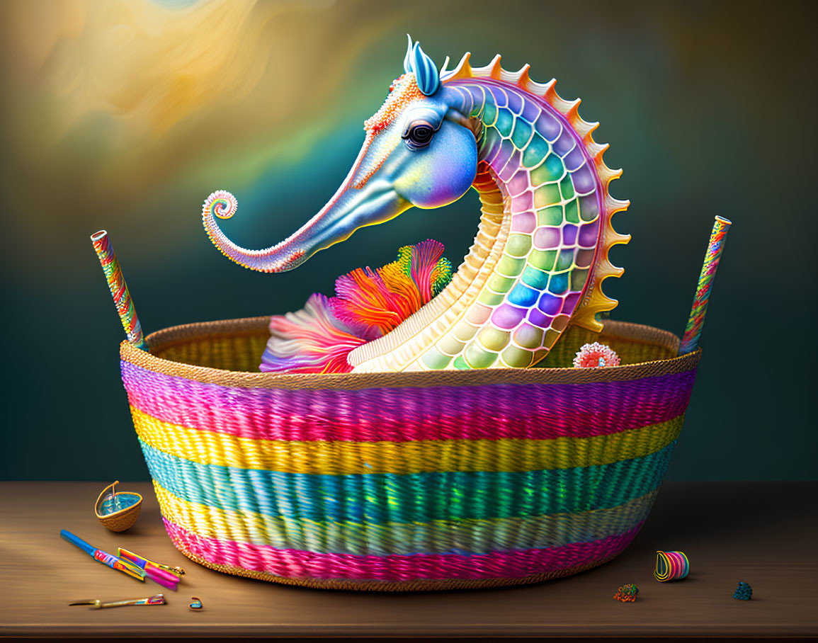 Colorful seahorse illustration with rainbow scales in woven basket.