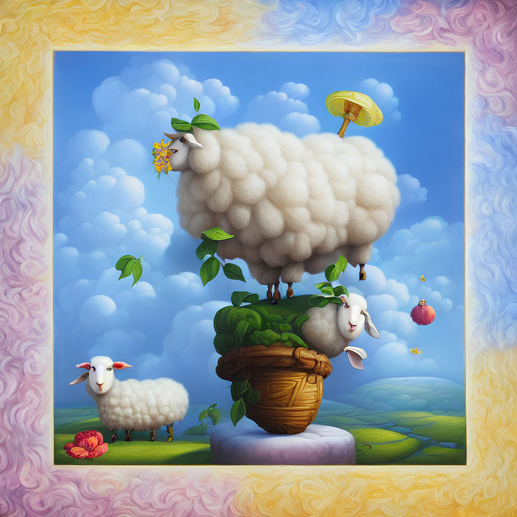 Artwork: Whimsical sheep with fluffy clouds and unique poses