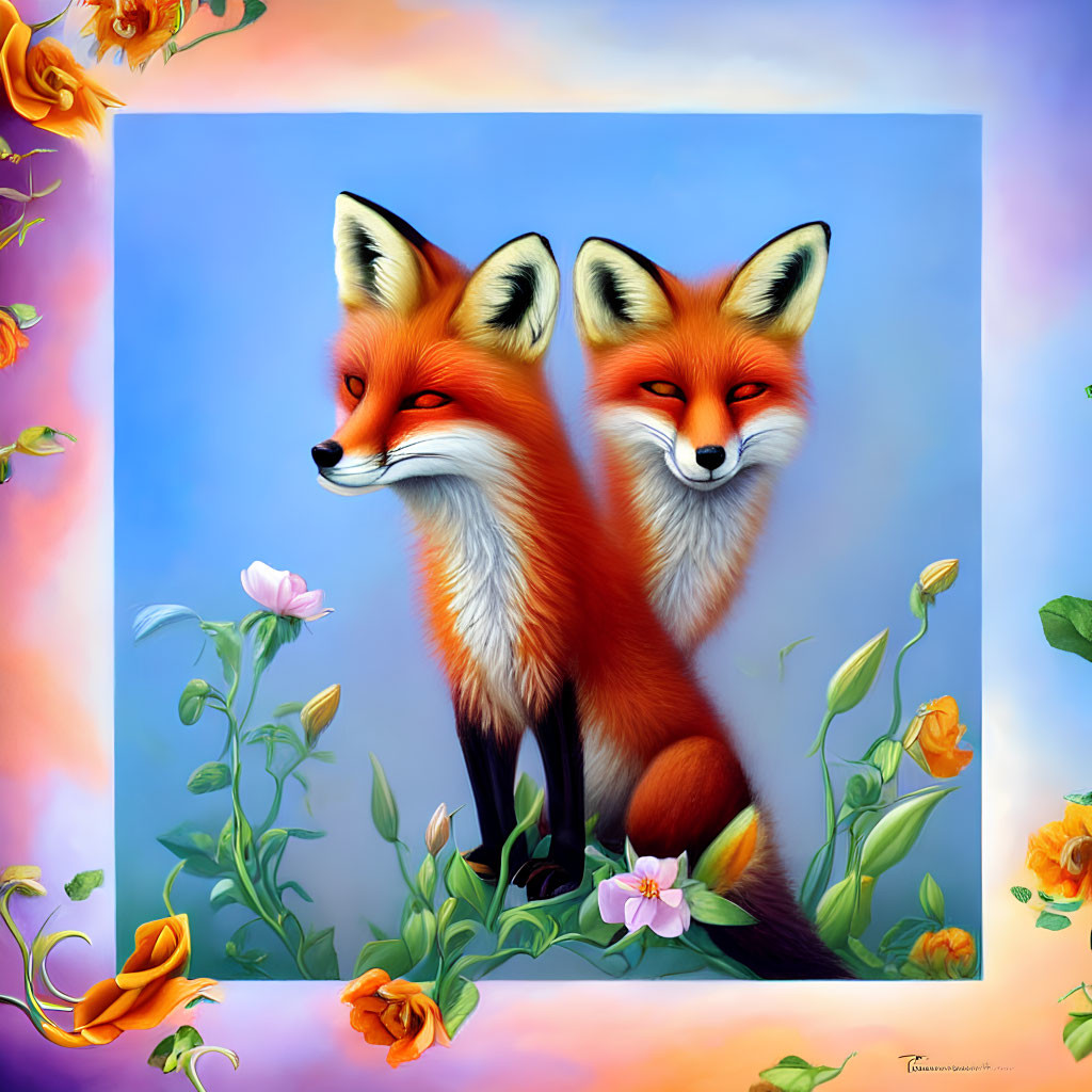 Vibrant red foxes with colorful flowers on soft blue background