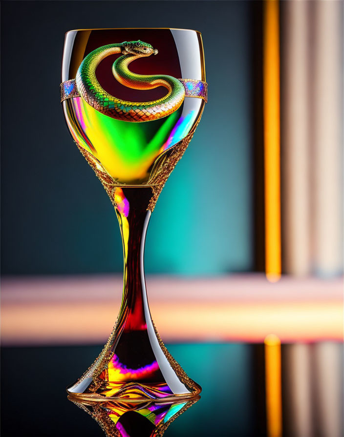 Iridescent Wine Glass with Spiral Liquid on Blurred Background