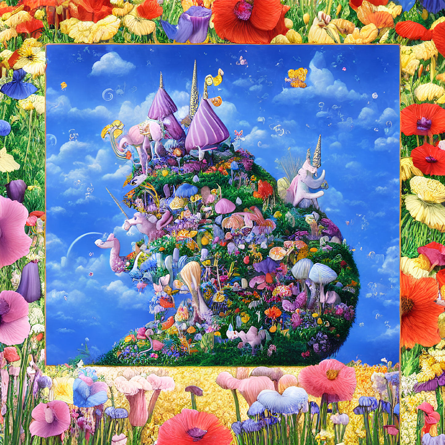 Fantasy illustration of unicorns, castle, and flowers in vibrant garden.