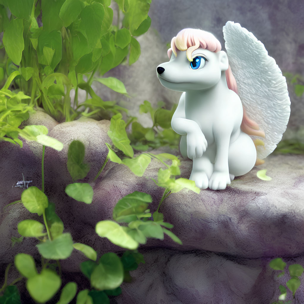 White Winged Unicorn Figurine with Blue Eyes in Green Plant Setting