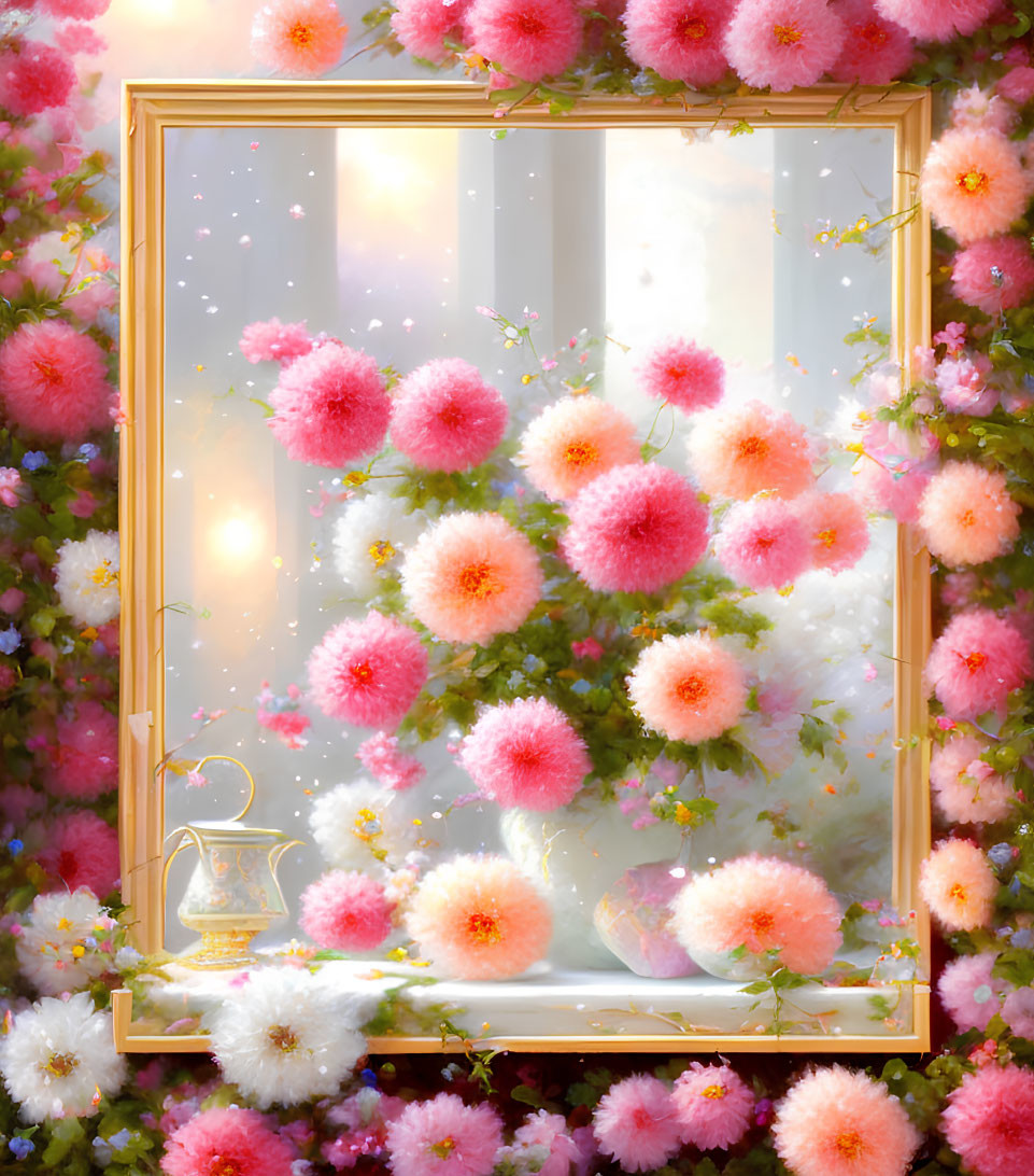 Pink and White Flowers Blooming Around Golden-Framed Window