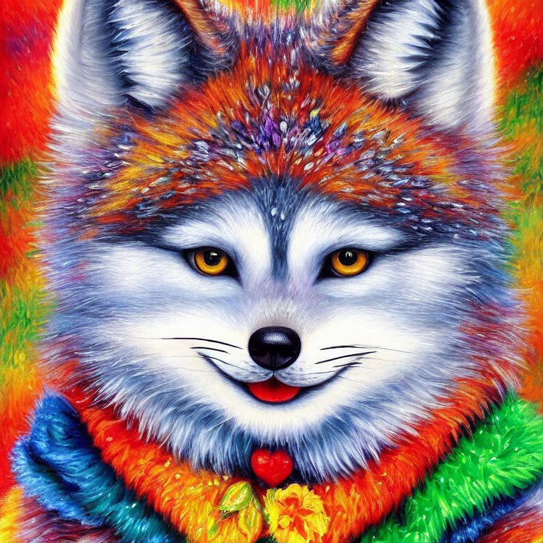 Colorful illustration of smiling fox with multicolored scarf on fiery backdrop