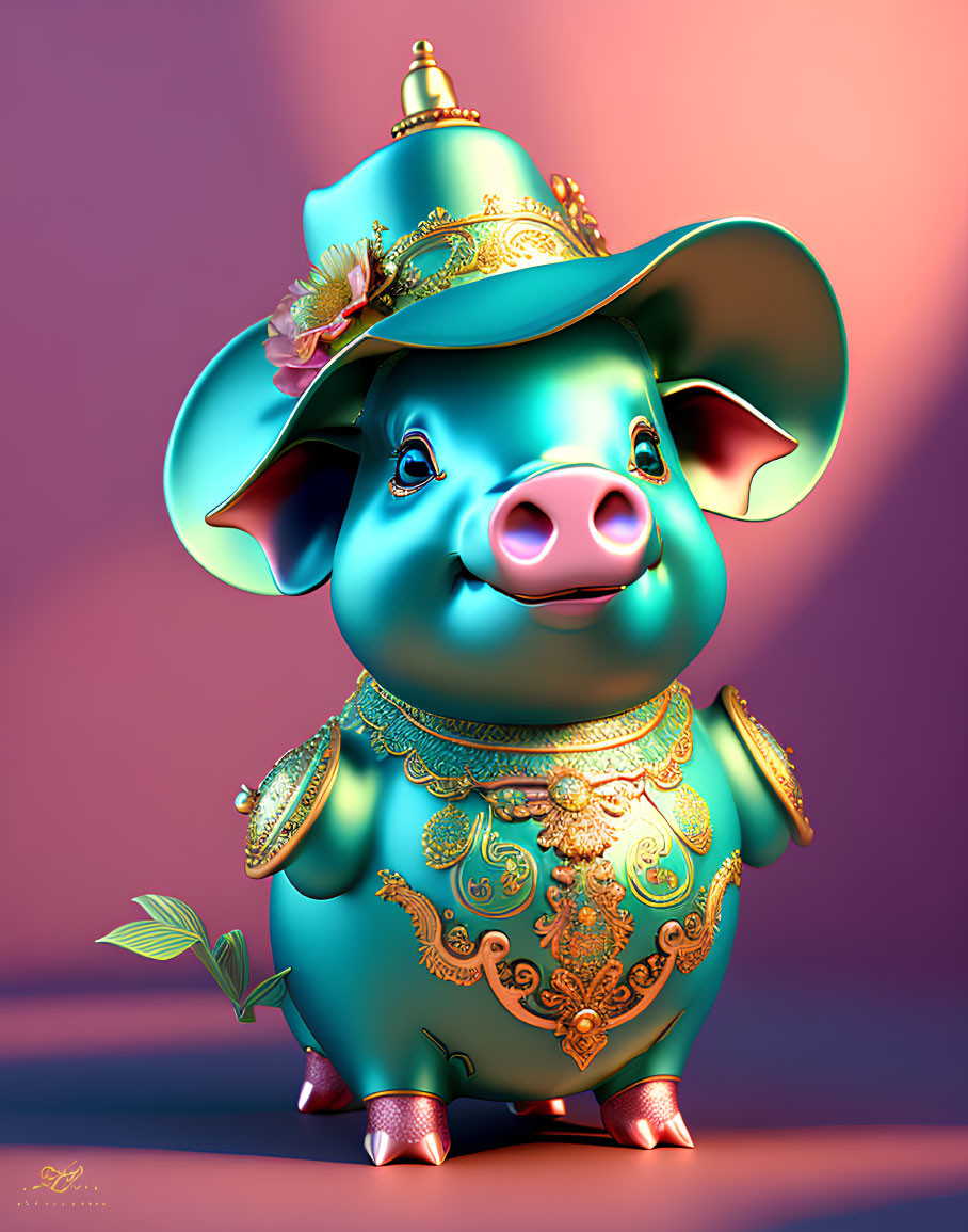 Ornate Pig Figurine with Golden Patterns on Pink Purple Gradient Background