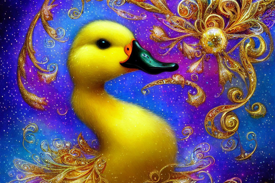 Detailed Yellow Duck Illustration on Sparkling Blue Background