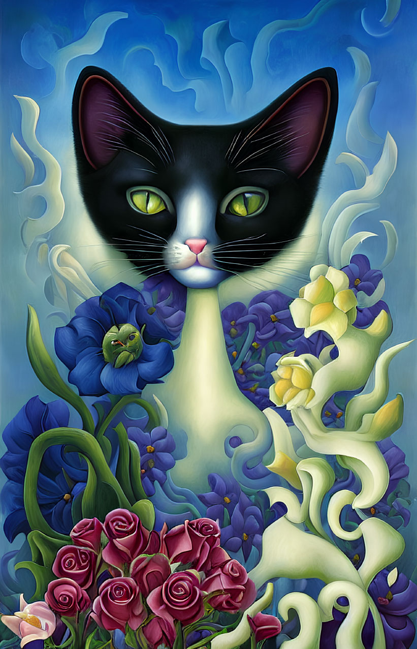 Stylized black and white cat with green eyes among colorful flowers on blue background