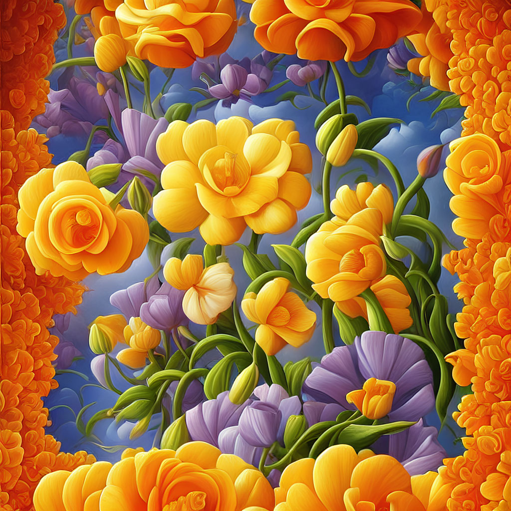 Colorful Yellow and Orange Flowers on Blue Background