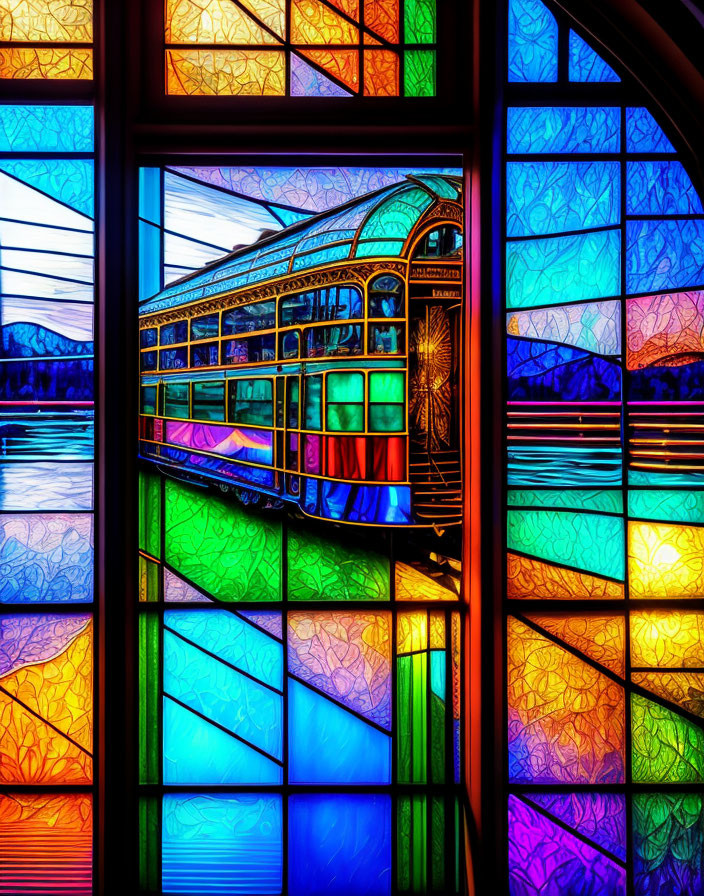 Colorful stained-glass window of railway car against blue skies & cables