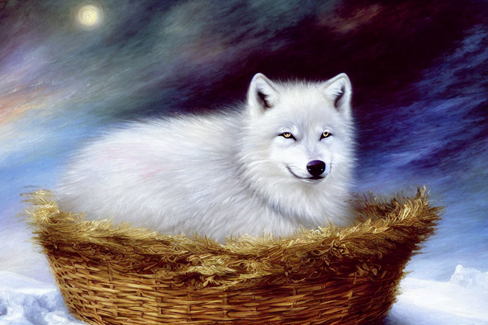 Fluffy Arctic Fox in Straw Basket Against Blue Skies