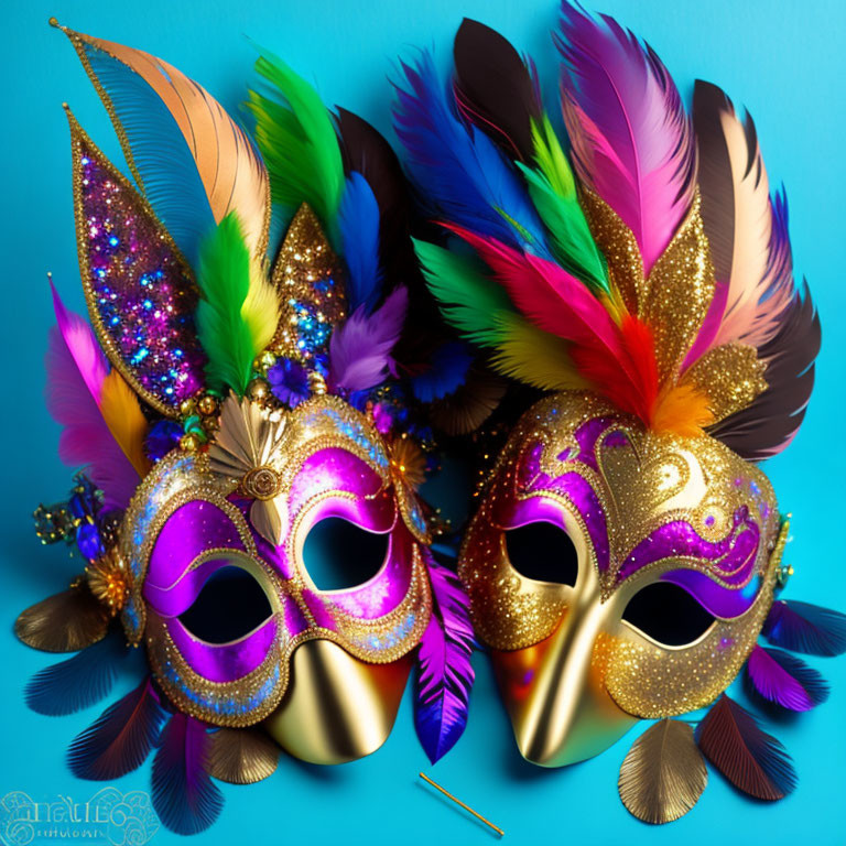 Colorful Carnival Masks with Feathers and Jewels on Teal Background