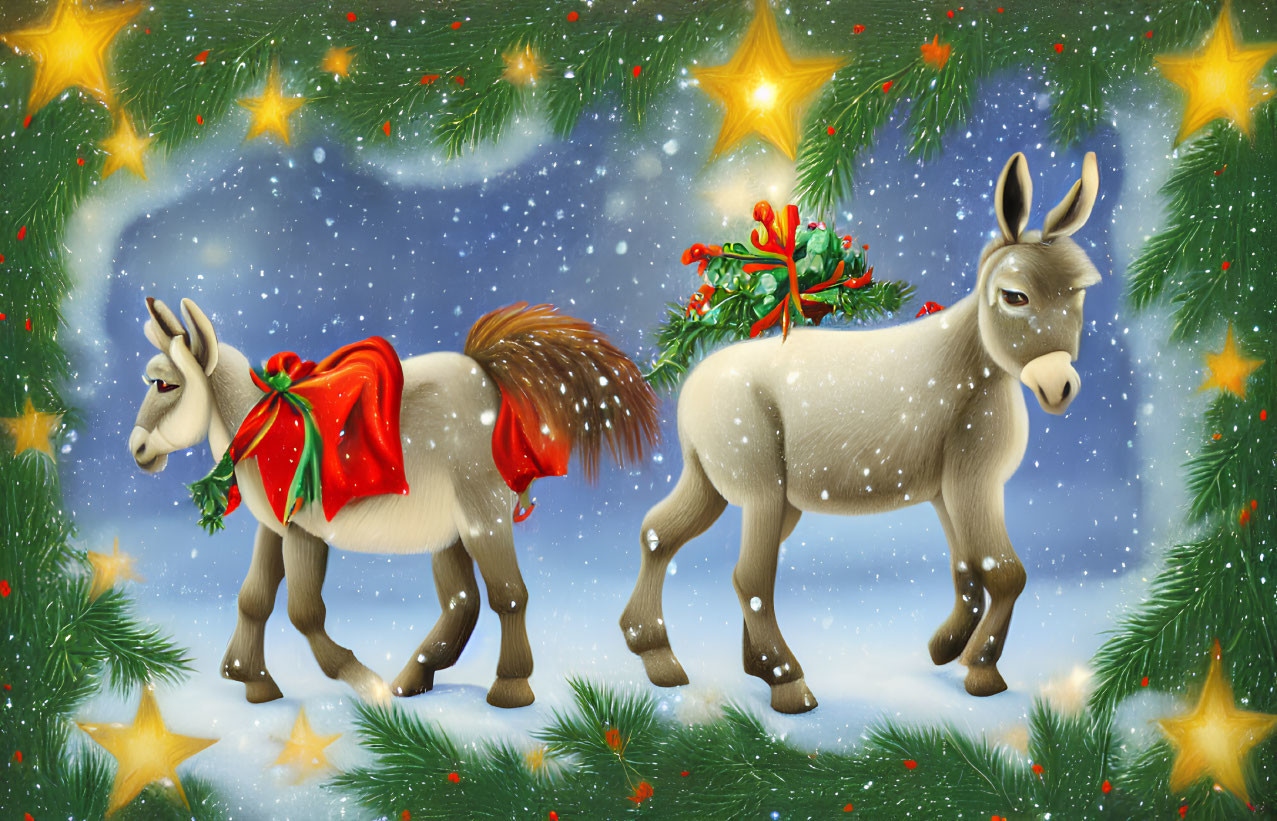 Festive donkeys in snowy Christmas scene with trees and lights